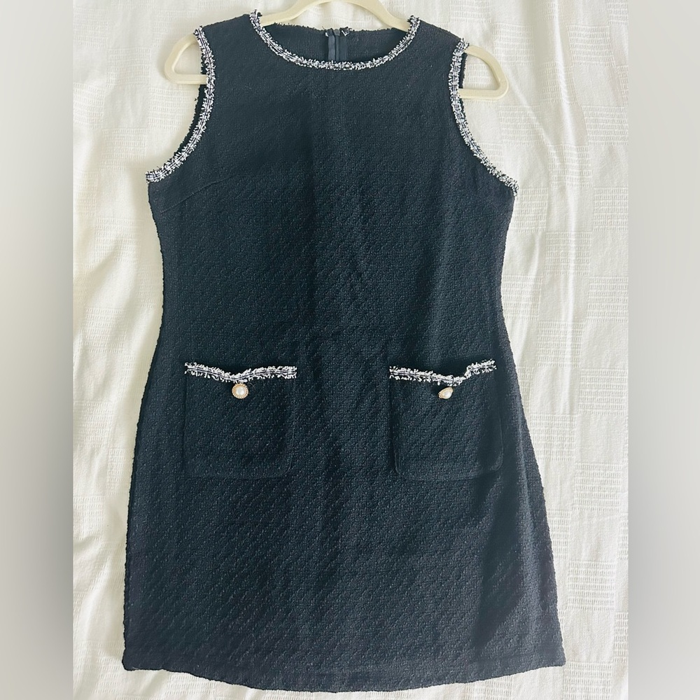 SHEIN Black Tweed Mini Dress with White Trim